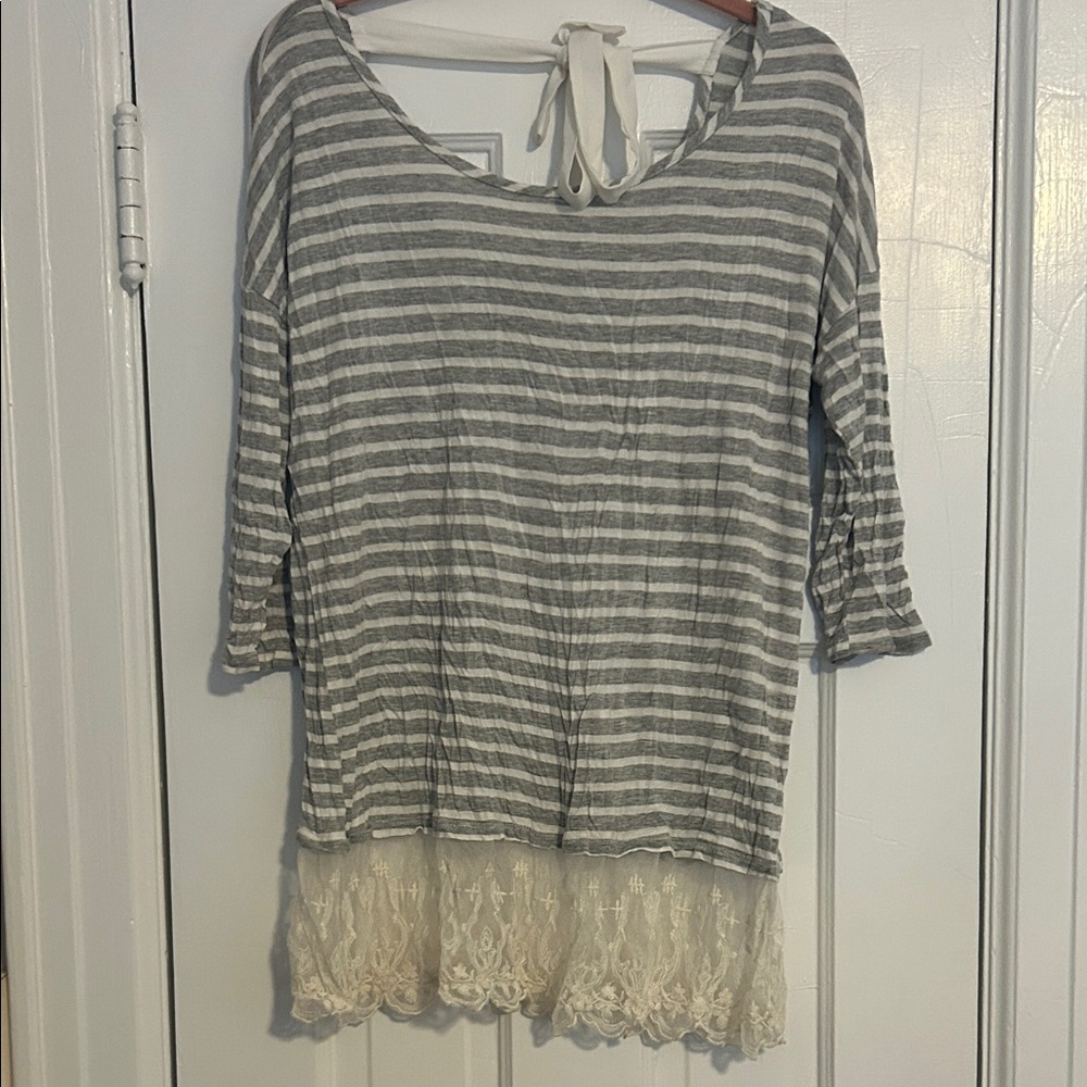 Gray Striped Lace Hem Women's Maternity Top